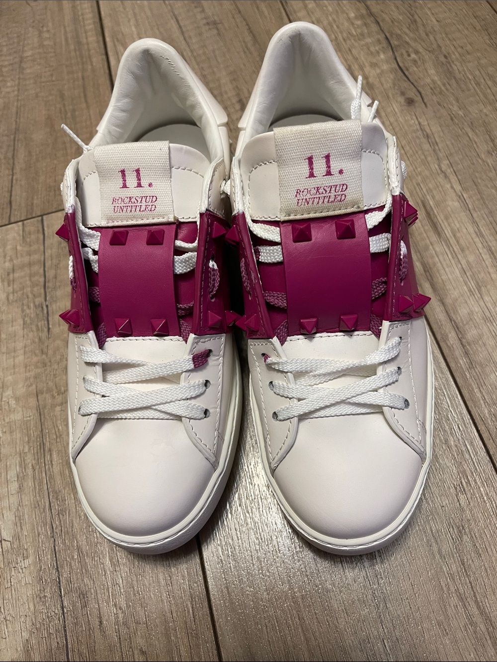 Valentino Garavani White Leather Rockstud Low-Top Sneakers with Pink Accents